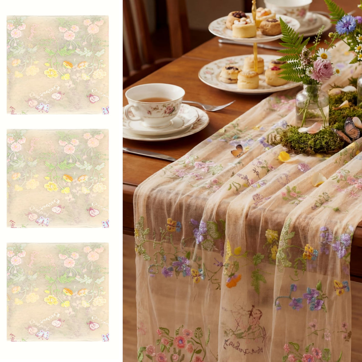 Ivory White Floral Table Runner 10ft Embroidery Tulle Wildflower