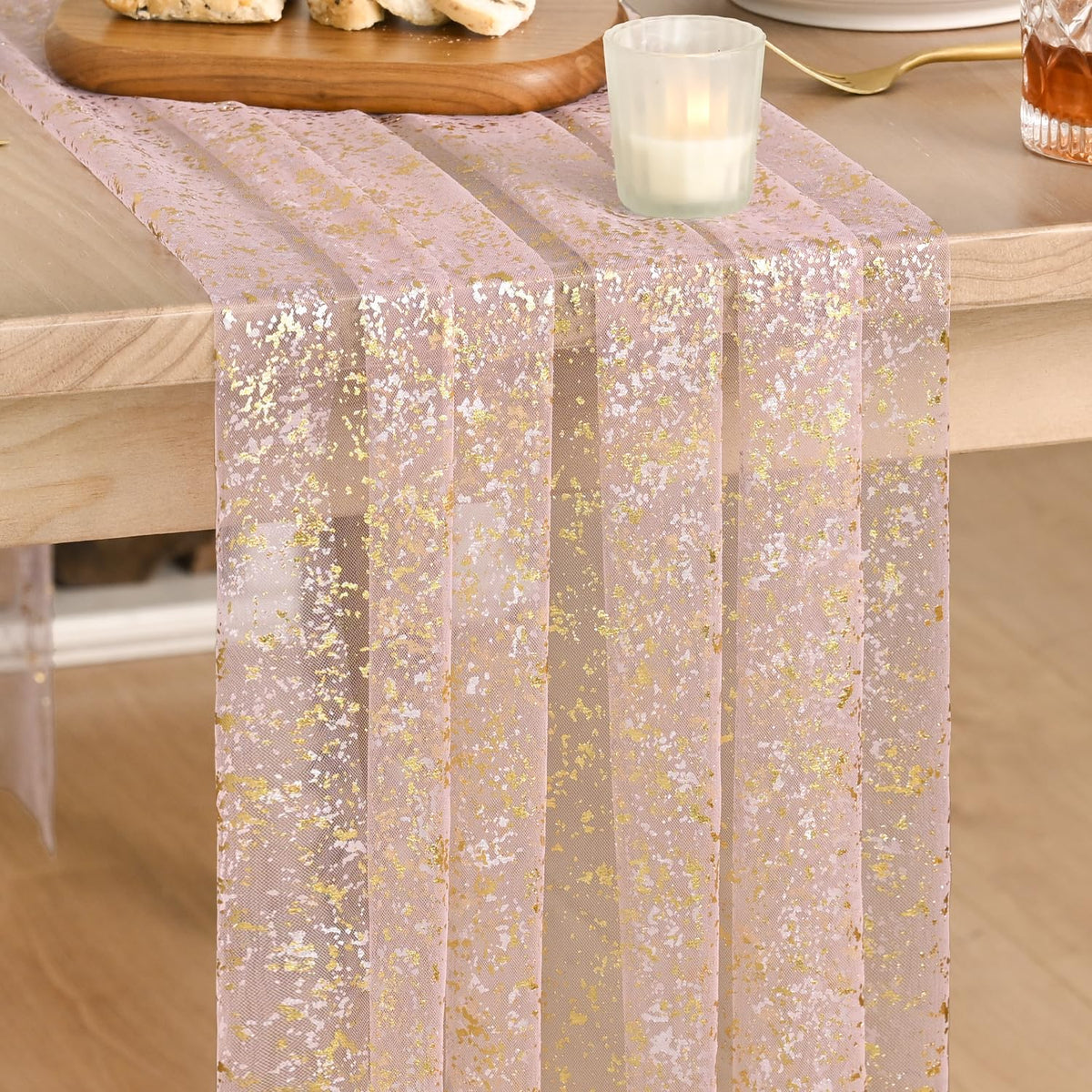Artoid Mode 6Pcs Beige Gold Gauze Table Runner 120 Inch 10FT, Glitter Metallic Foil Sheer Dining Wedding Anniversary Holiday Birthday Table Decor for Home Party