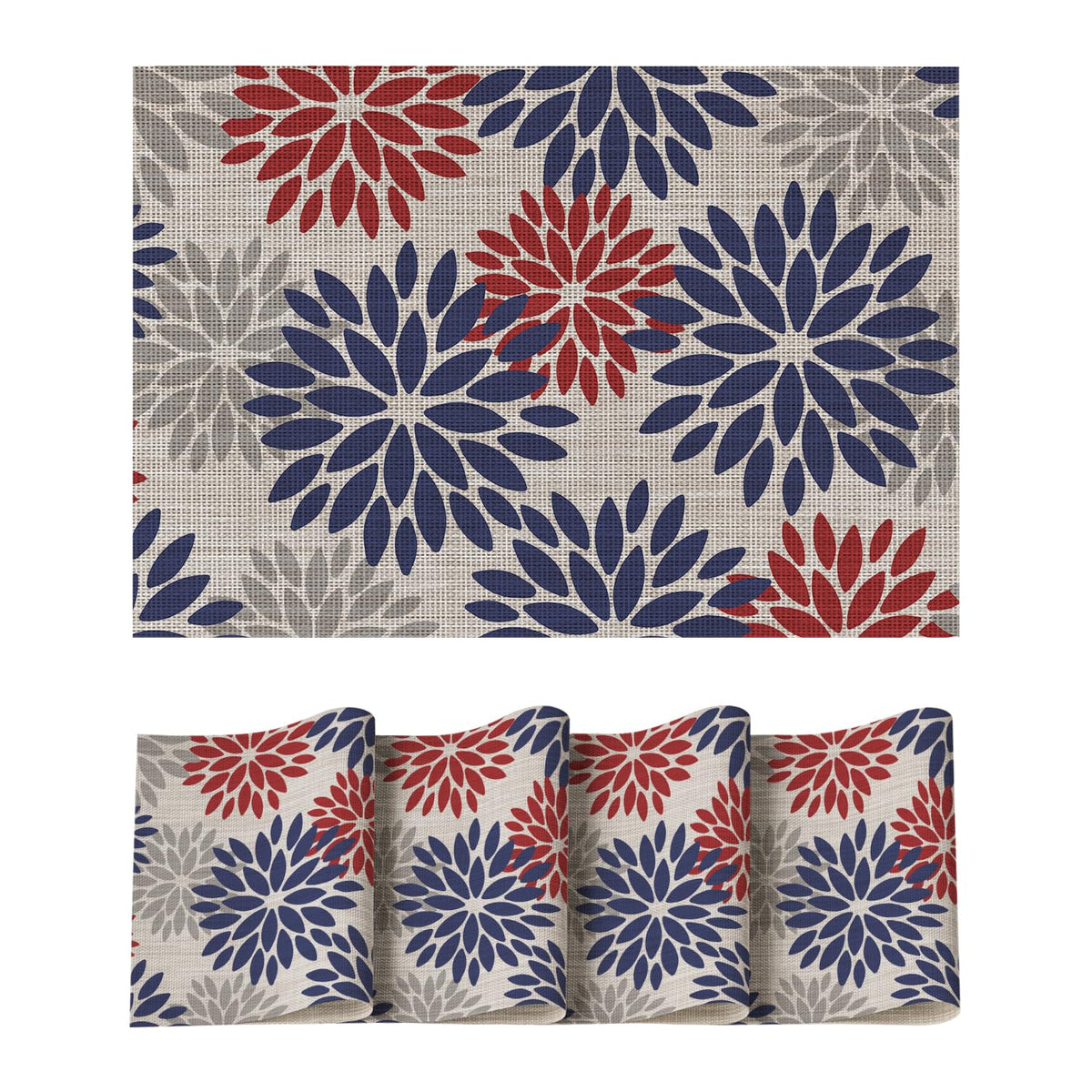 Artoid Mode Floral Vinyl Plistic Placemats Set of 6, Heat Resistant Washable Non-Slip PVC Place Mats for Party Kitchen Dining Decor, Blue Grey