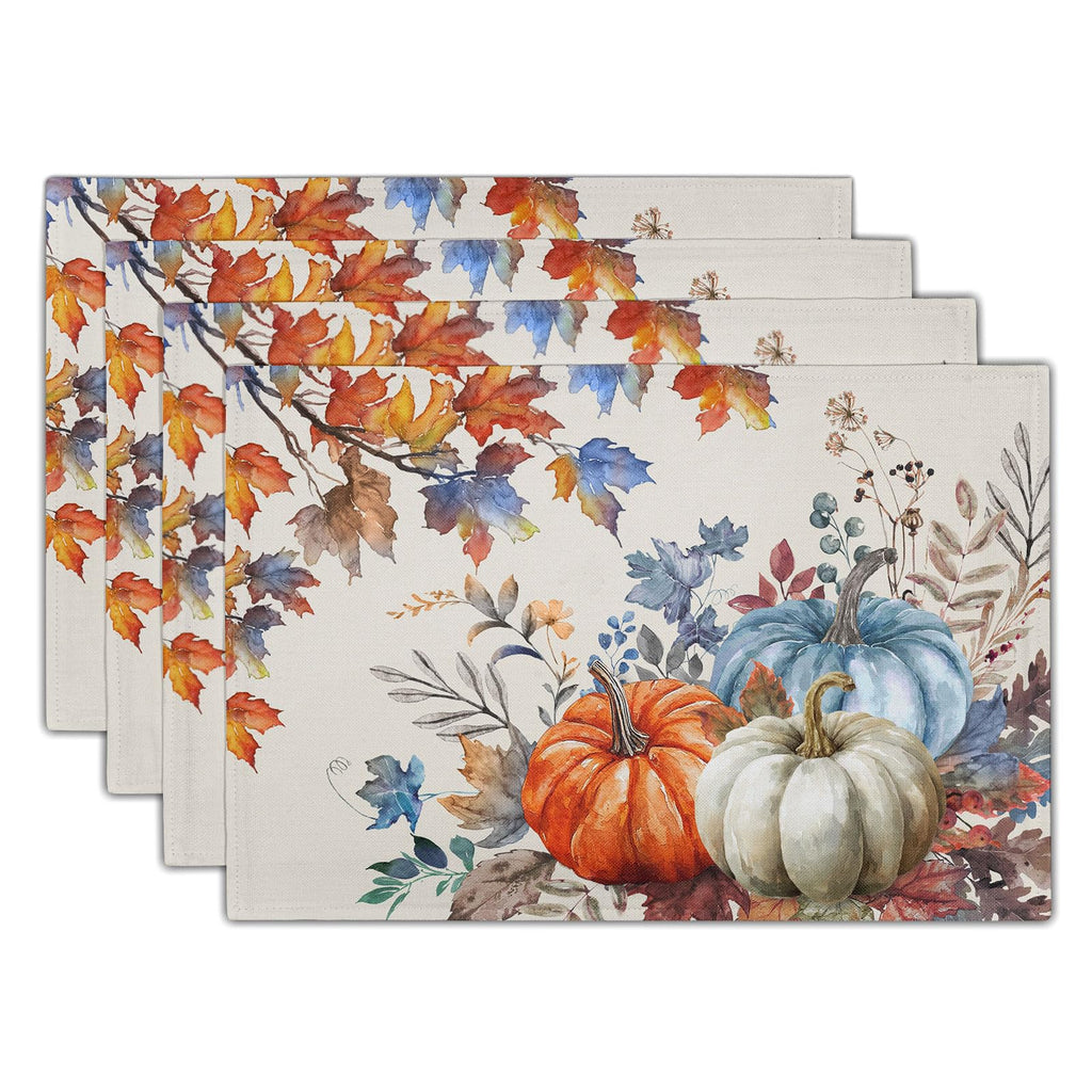 Blue Floral Branches Placemats Set of 4 ，12 x 18 Inch Chinoiserie Table Mats Washable Heat Resistant Linen Fabric Rectangle Place Mat for Indoor Outdoor Kitchen Dining Home Decor