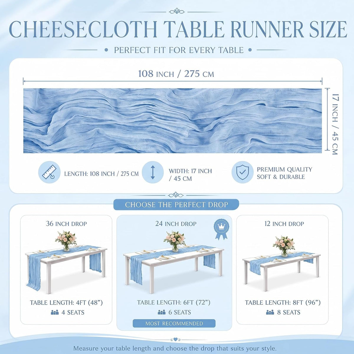 2 Pack Light Blue Cheesecloth Table Runner 17x108 Inch Boho Rustic Semi Sheer Gauze Cheese Cloth Table Runner for Wedding Bridal Shower Baby Shower Party Farmhouse Dining Table Decor