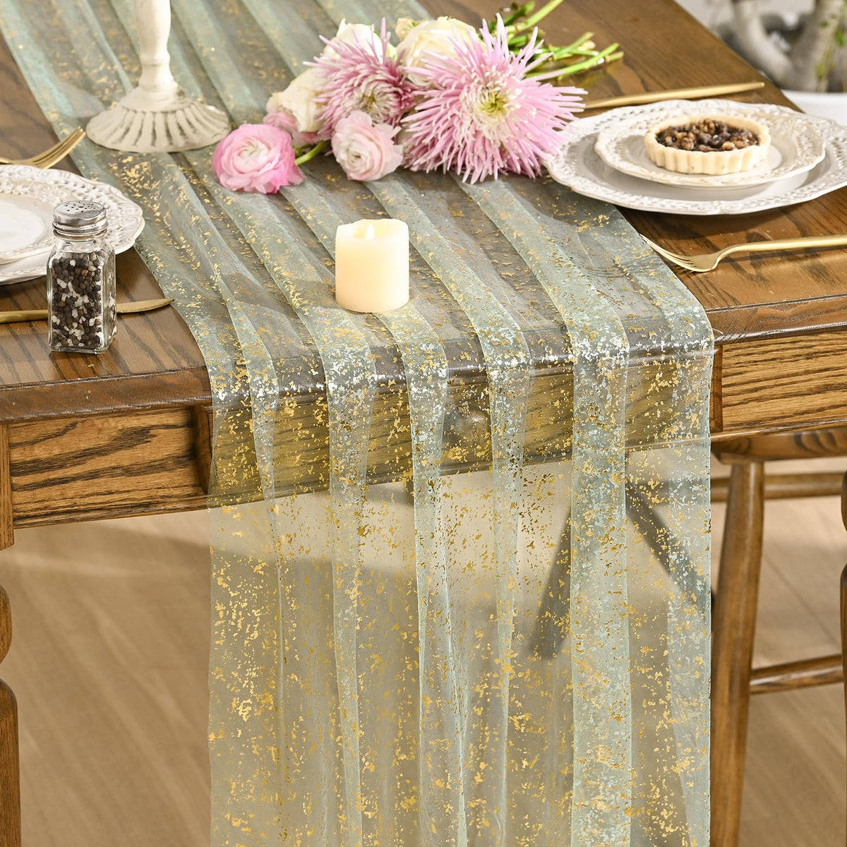 Artoid Mode 6Pcs Beige Gold Gauze Table Runner 120 Inch 10FT, Glitter Metallic Foil Sheer Dining Wedding Anniversary Holiday Birthday Table Decor for Home Party