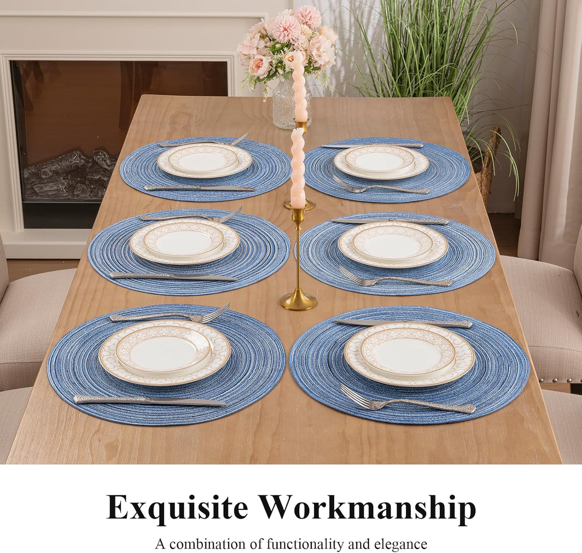 SHACOS Round Braided Placemats Set of 4 Dining Table Placemats 15 inch Circle Place Mats Easy to Clean Table Mats Indoor Outdoor, Blue Gray