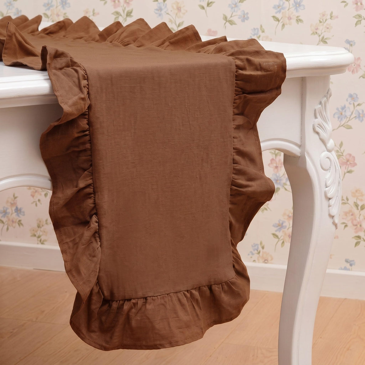 HunnmingRe Table Runner Farmhouse Ruffled Scalloped 14 x 72 Inch, White