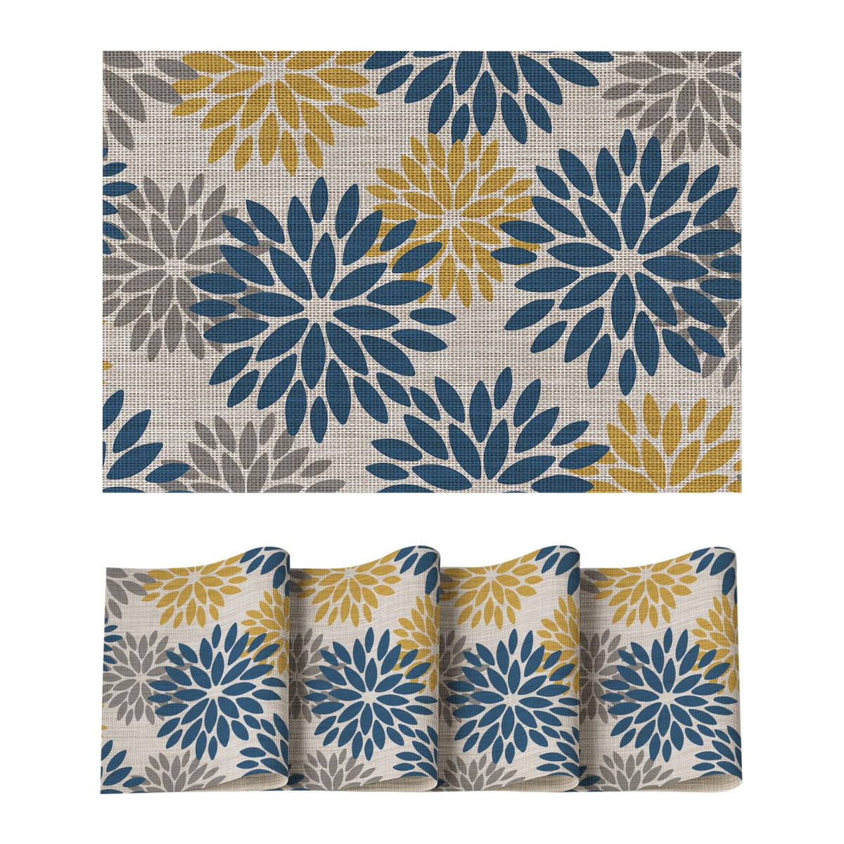 Artoid Mode Floral Vinyl Plistic Placemats Set of 6, Heat Resistant Washable Non-Slip PVC Place Mats for Party Kitchen Dining Decor, Blue Grey