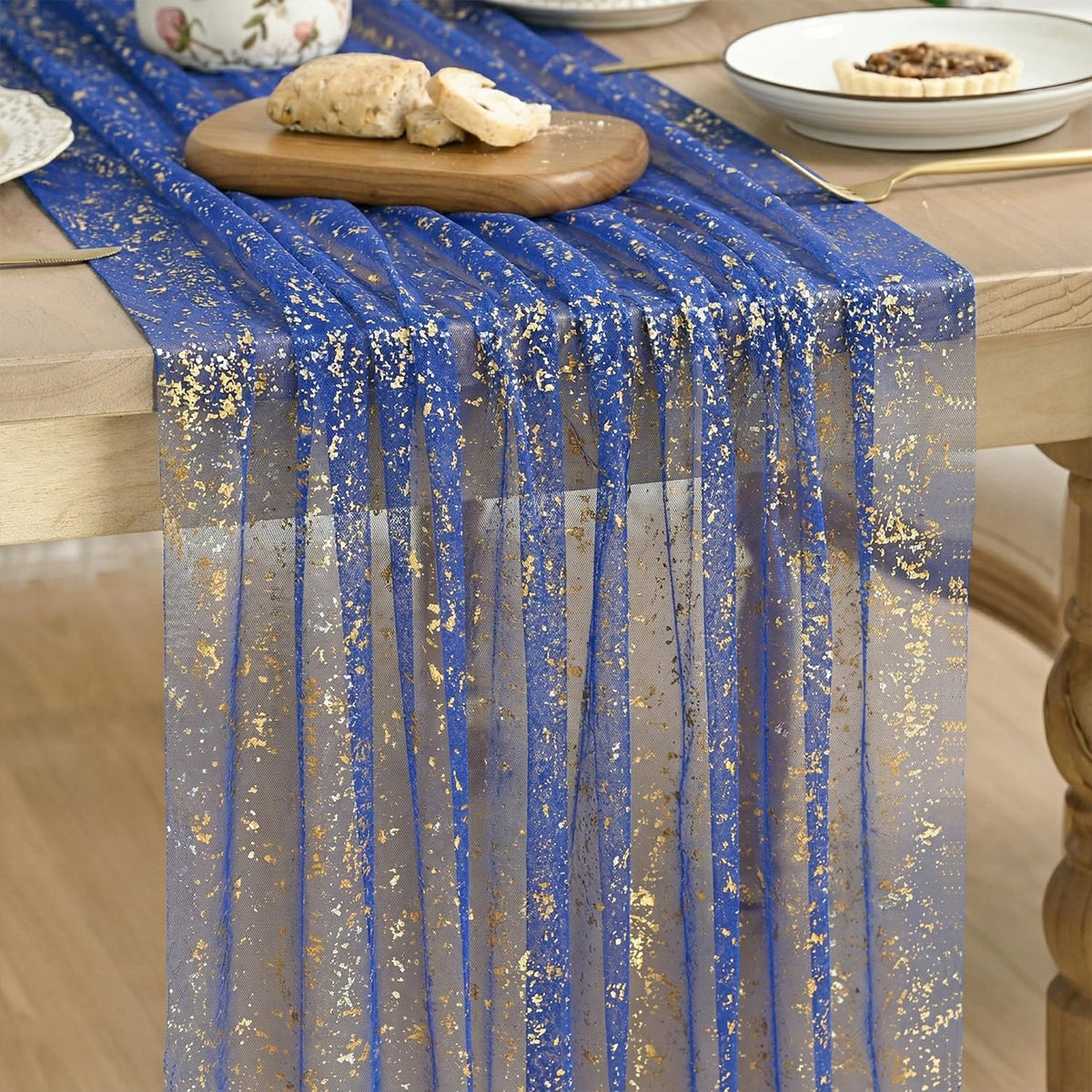 Artoid Mode 6Pcs Beige Gold Gauze Table Runner 120 Inch 10FT, Glitter Metallic Foil Sheer Dining Wedding Anniversary Holiday Birthday Table Decor for Home Party