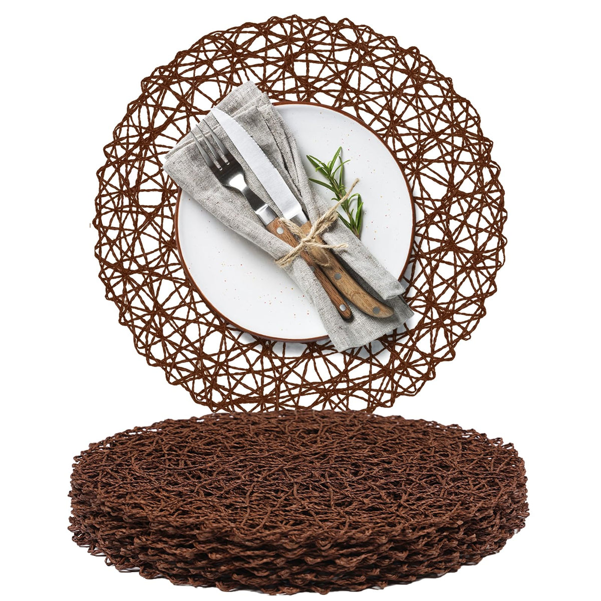AHHFSMEI Paper Braided Round Placemats Set of 12 Natural Non-Slip Heat Resistant Table Mats for Dining Tables Woven Indoor & Outdoor Place mats(Brown,12)