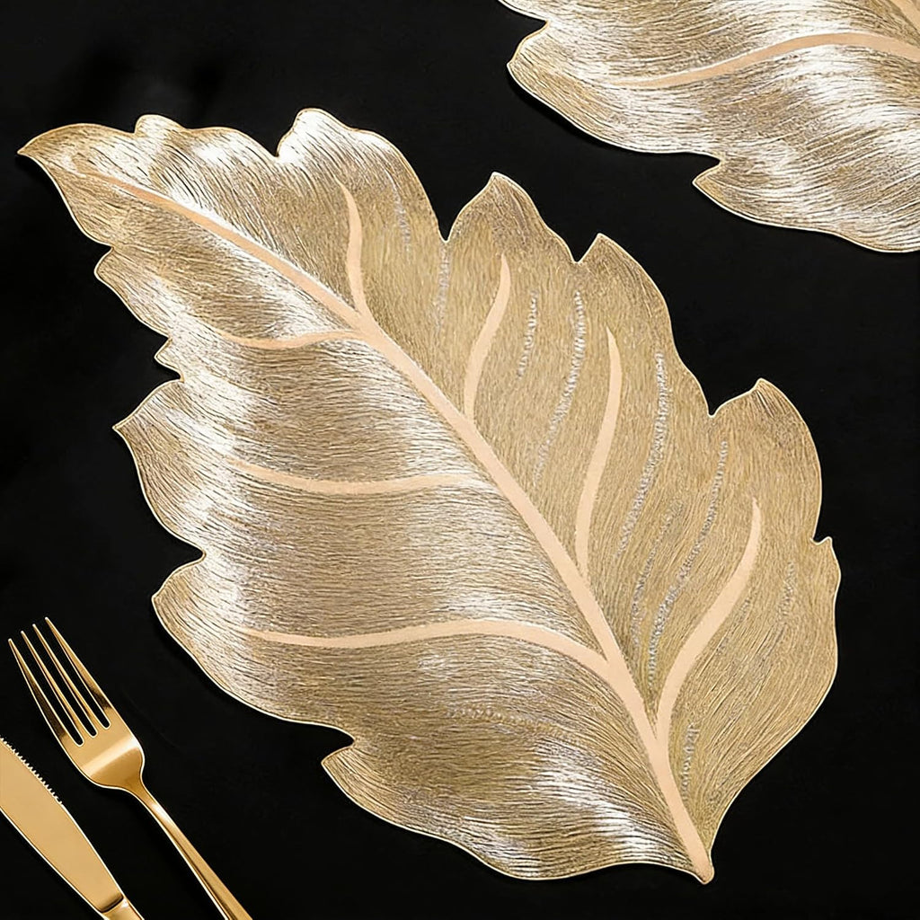 FAVE Gold Vinyl Placemats Set of 6, Washable Leaf Patterned Table Mats