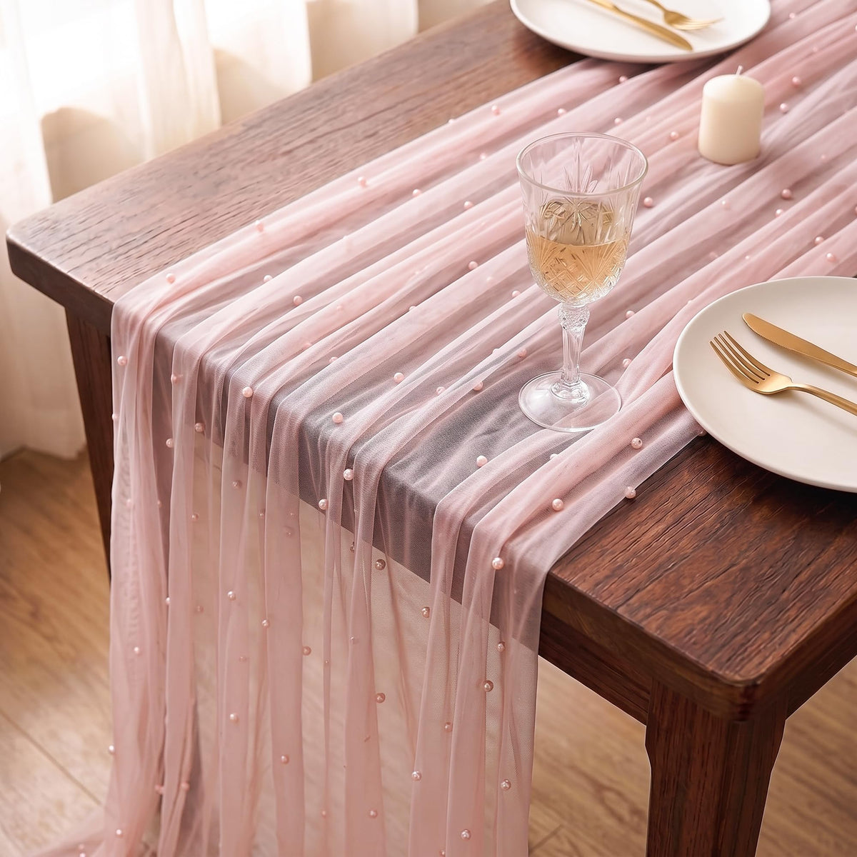 WELTRXE Pearl Table Runner 120 Inch 10FT, White Gauze Table Runners, Rustic Boho for Holiday Wedding Decor, Home Party ,Baby Shower, Birthday Party