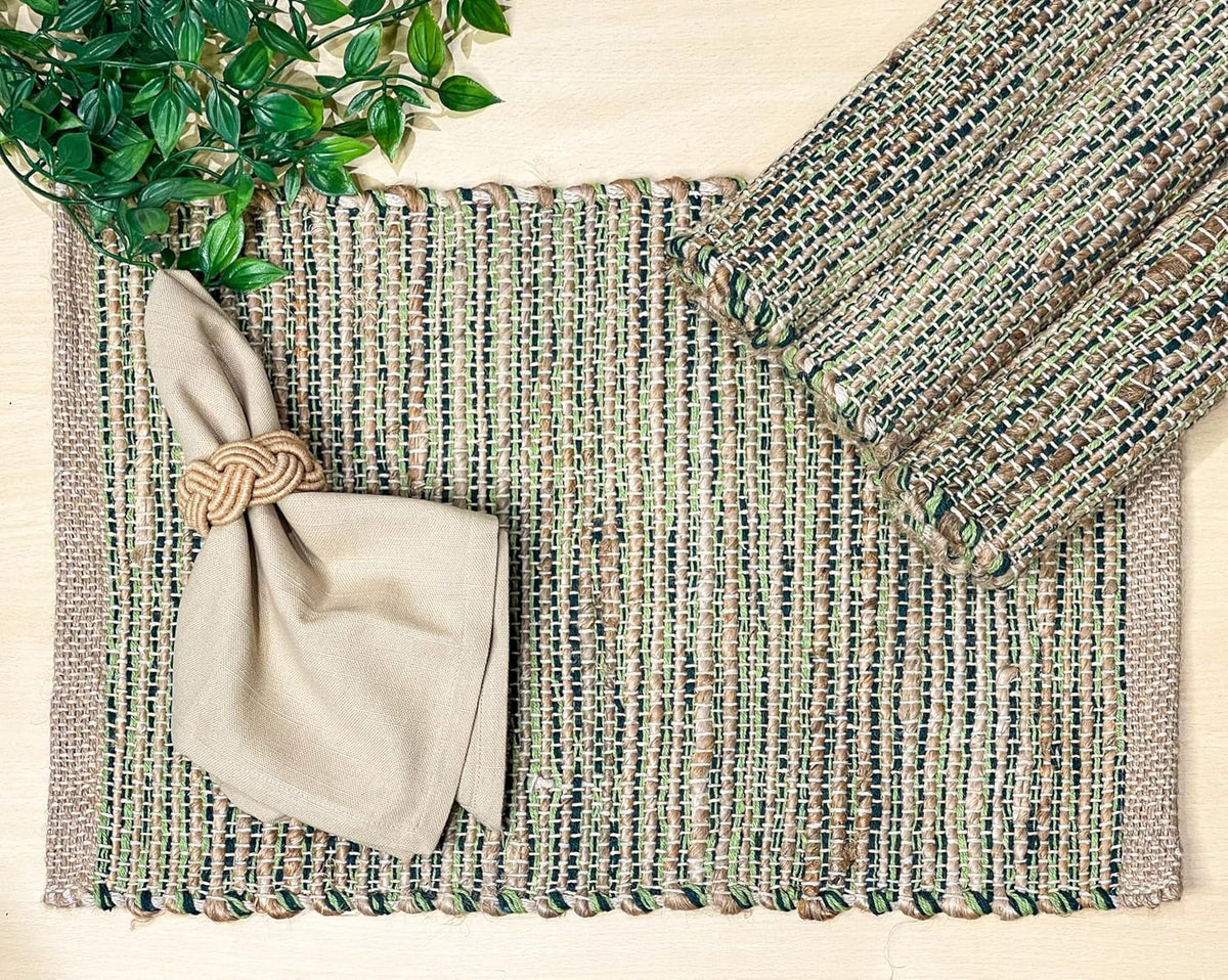 Chardin Home Natural Jute & Aqua Turquoise Placemats, Set of 4 – Rustic Handmade Boho Table Mats, 13x19 in Dining Table Placemats - Kitchen, Everyday Meals, Holidays, Farmhouse or Modern Table Décor