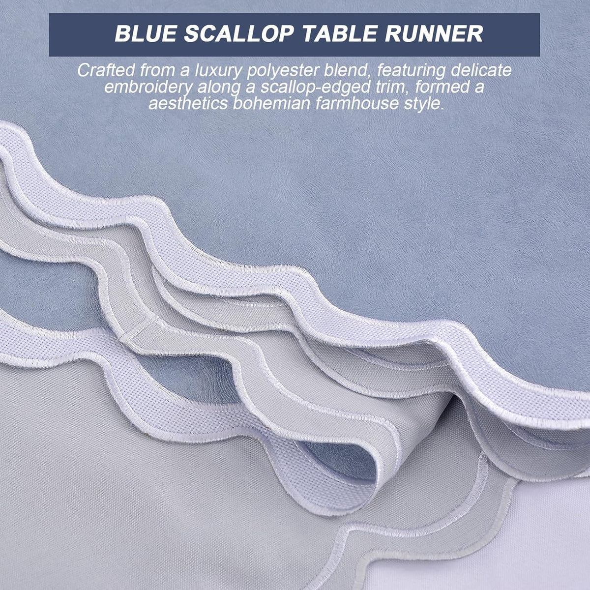 yuboo Dusty Blue Table Runner 15x70 inches, Boho Scalloped Table Runner, Rustic Farmhouse Dresser Runners for Bedroom, Dining Table, Coffee Table, Spring Summer Blue Coastal Grandmillennial Home Decor