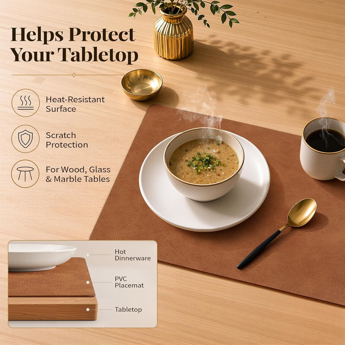 Homaxy Vinyl Heat Resistant Placemats Set of 6, Reddish Brown