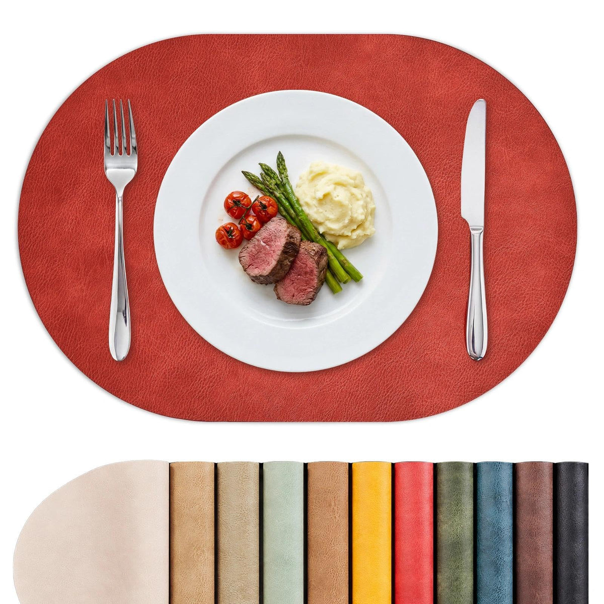 MOSAYT Vinyl Faux Leather Oval Placemats, Set of 6, Reddish Brown