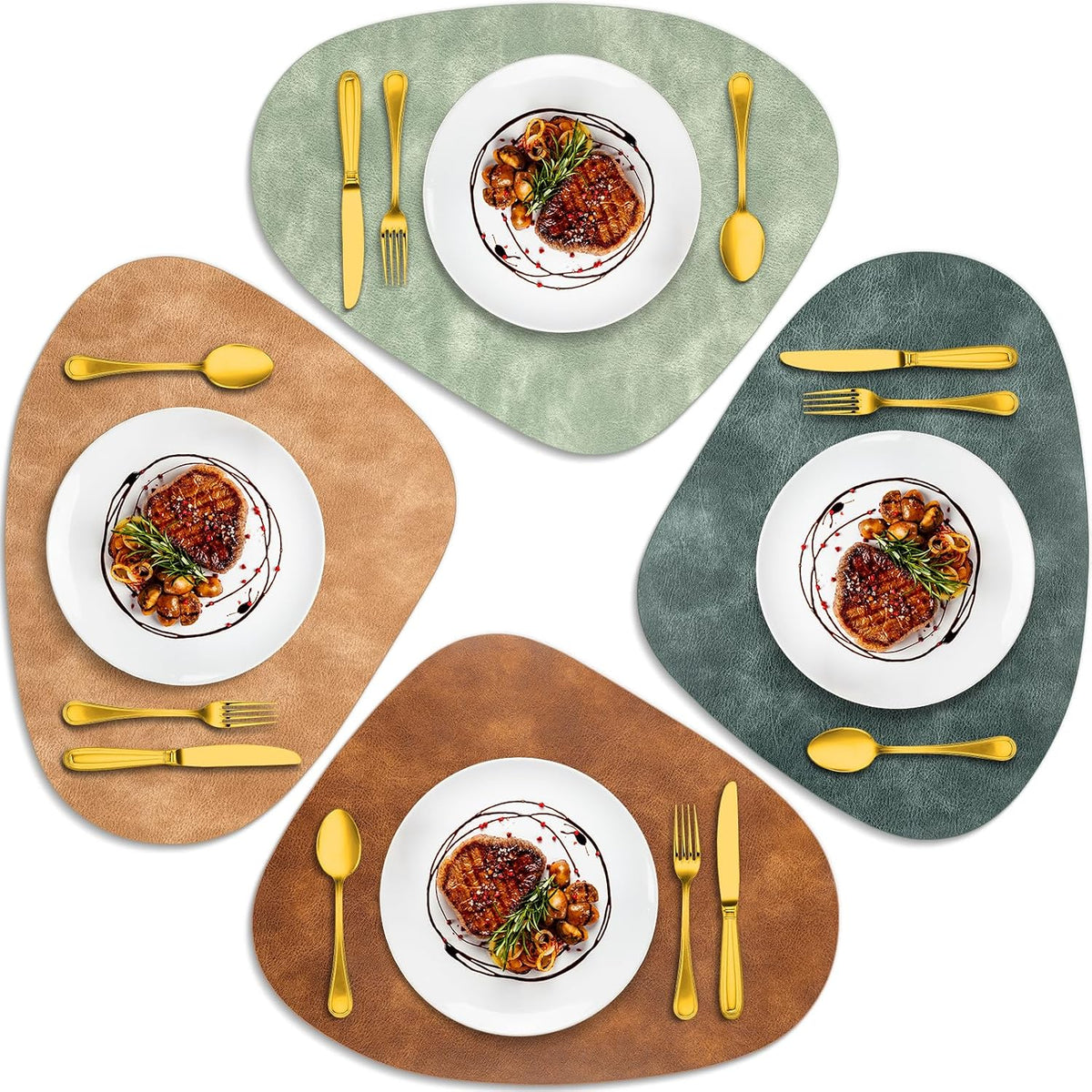 ADRIMER Placemats, Heat Resistant Round Placemats Set of 4 Washable 13 x 17 Inch, Waterproof Table Mats for Kitchen, Dining Room Table Christmas Decor, Turmeric Brown+Camel+Green+Blue
