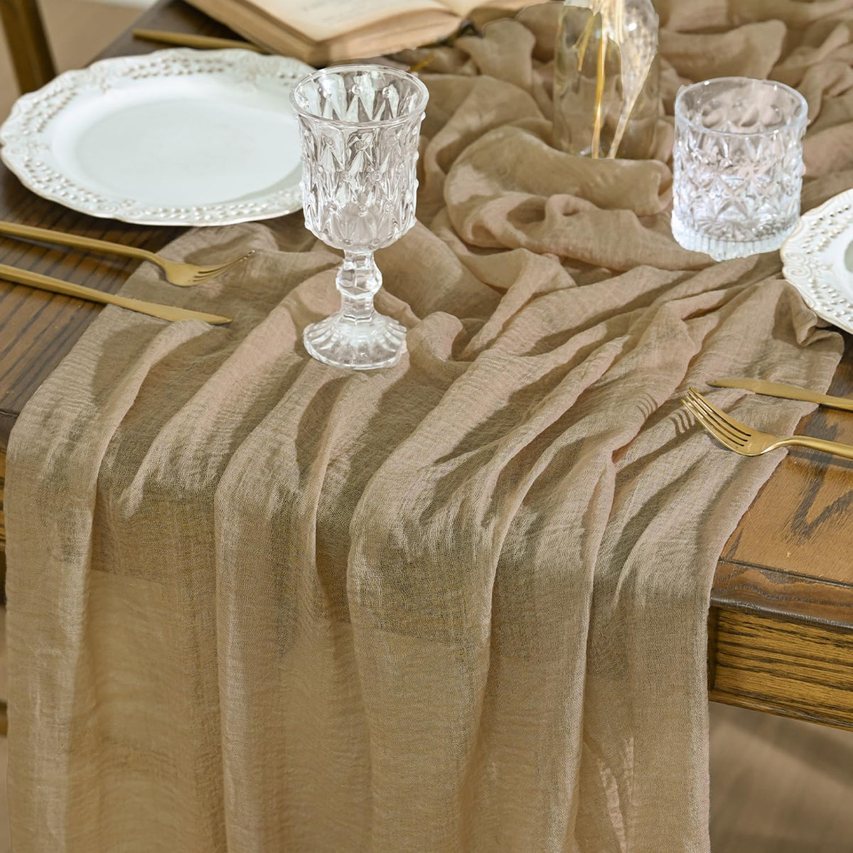 Artoid Mode Boho Forest Green 10Pcs Cheesecloth Gauze Table Runner, 120 Inch Seasonal Fabric Kitchen Dining Holiday Table Decor for Home Party Indoor