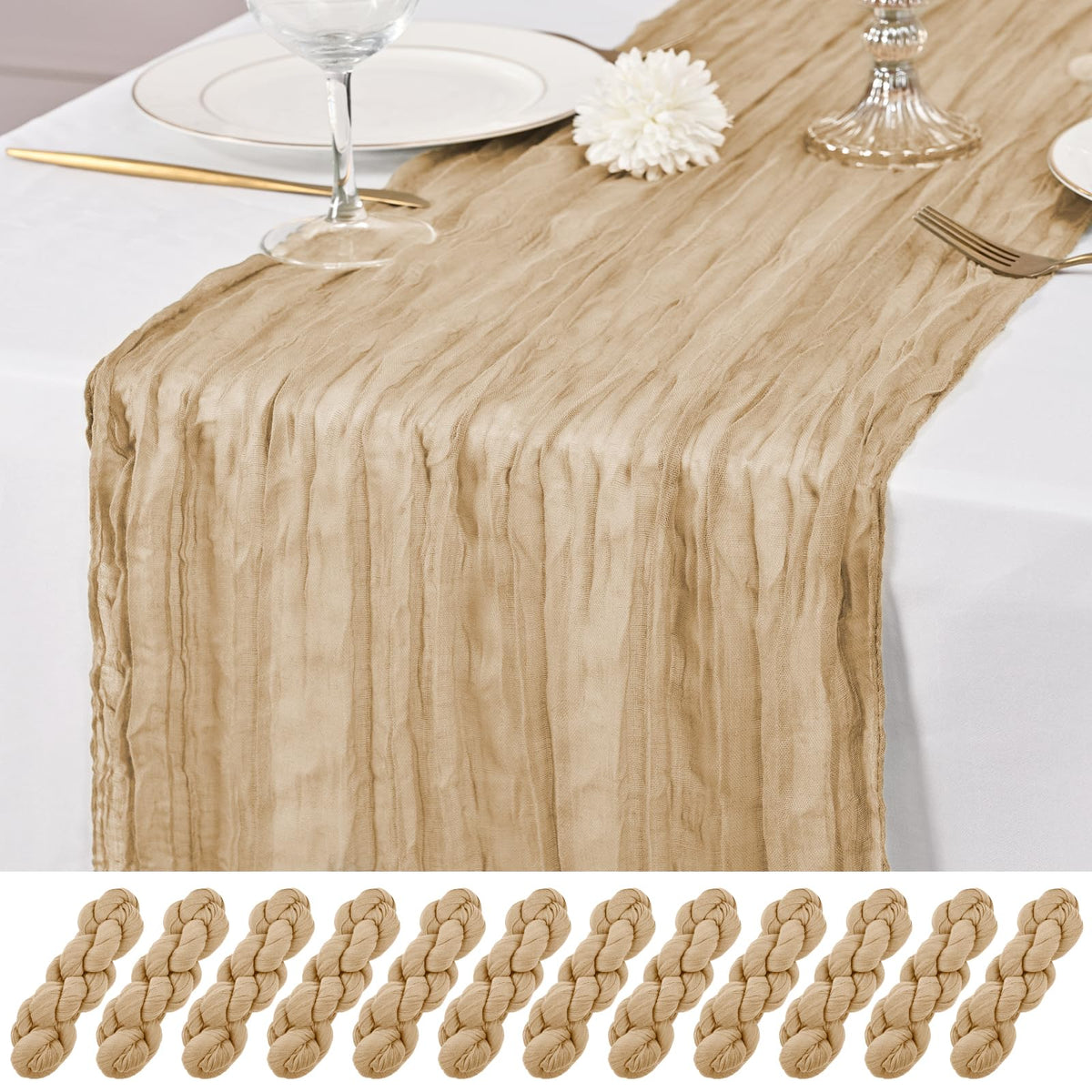 12 Pack Ivory Table Runner 10Ft Cheesecloth Table Runner Rustic Gauze Table Runners Romantic Long Cream Sheer Fabric Cheese Cloth Table Runners for Wedding Party Bridal Baby Shower