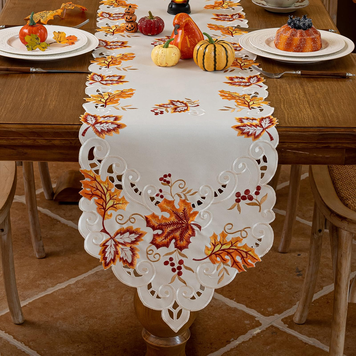 Joyfol Day Fall Thanksgiving Table Runner 14 x 33 Inches, Cutwork Embroidered Brown Maple Leaves Table Runners, Autumn Rust Dresser Scarf for Harvest Party Dinner Seasonal Decoration