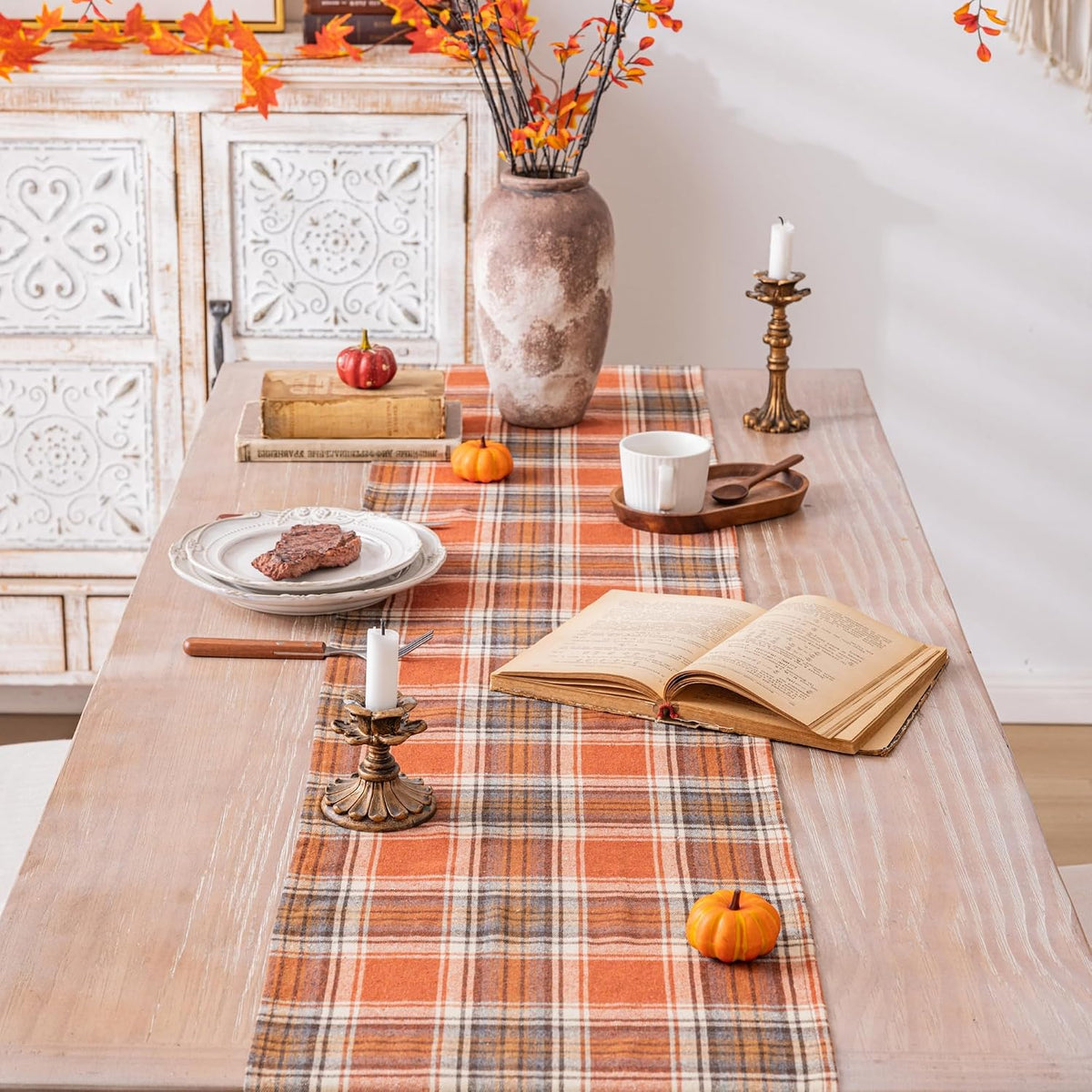 AQOTHES Plaid Fall Thanksgiving Rust Orange Table Runners 36 inches Long