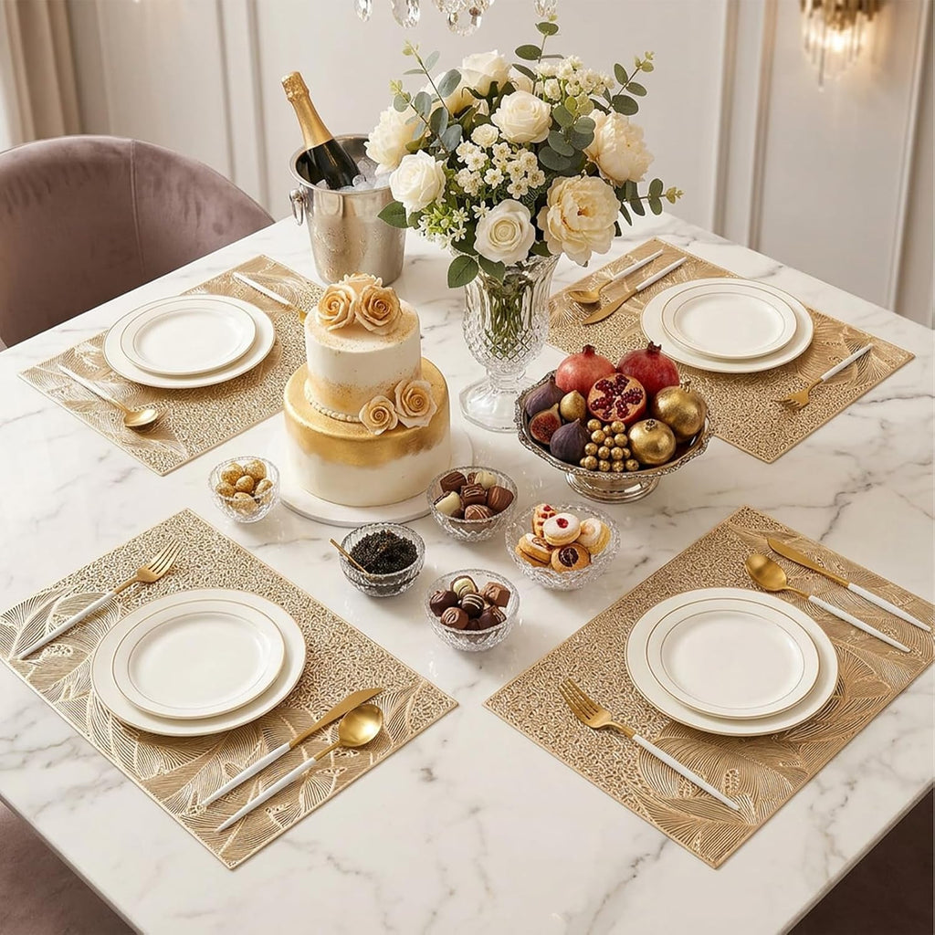 Gold Placemats Set of 6 Wipable Rectangular Table Place Mat Bulk