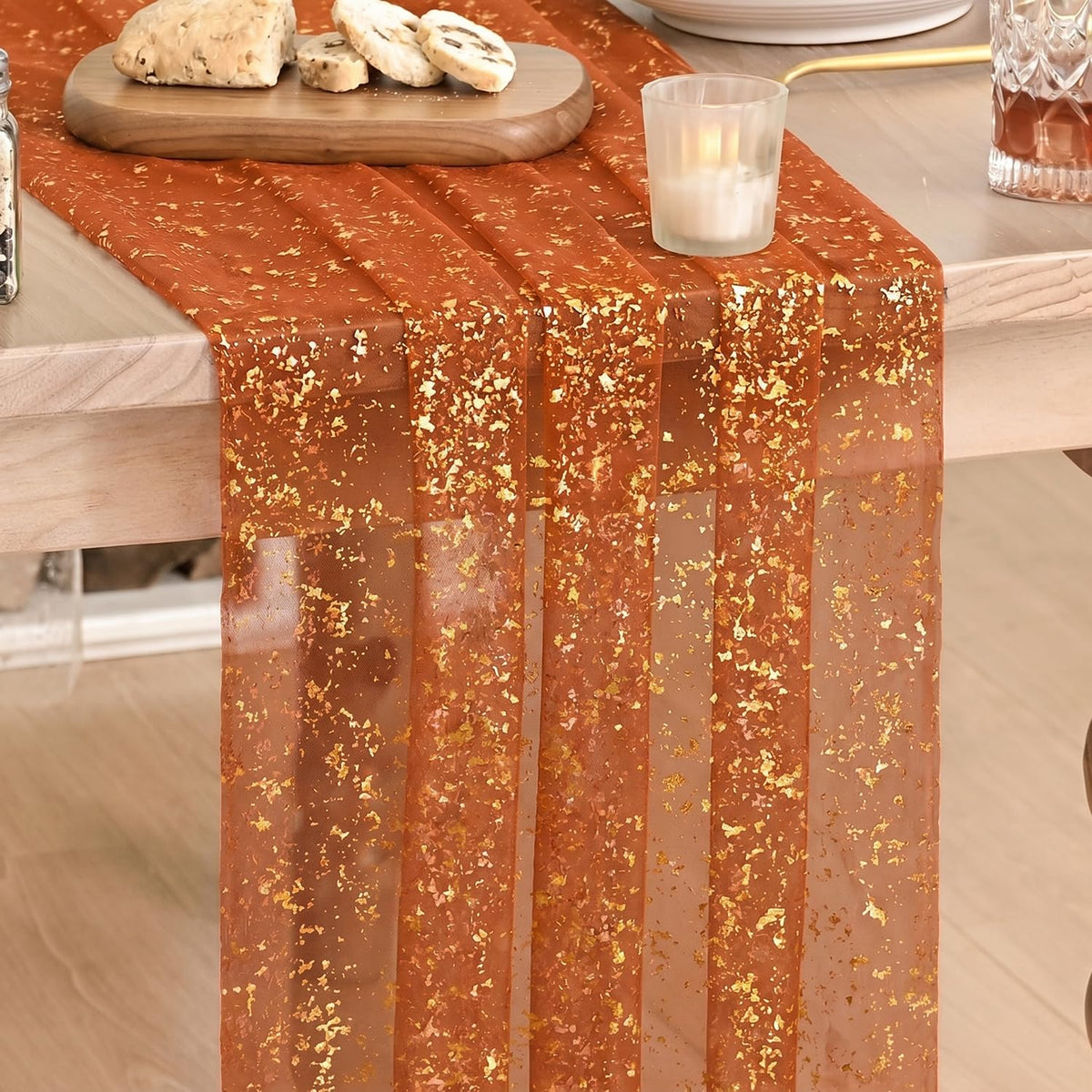 Artoid Mode 6Pcs Beige Gold Gauze Table Runner 120 Inch 10FT, Glitter Metallic Foil Sheer Dining Wedding Anniversary Holiday Birthday Table Decor for Home Party