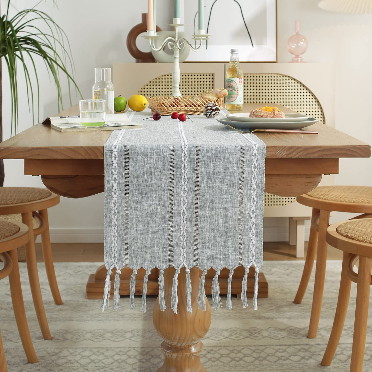 Wracra Rustic Linen Table Runner, White Table Runners 72 inches Long