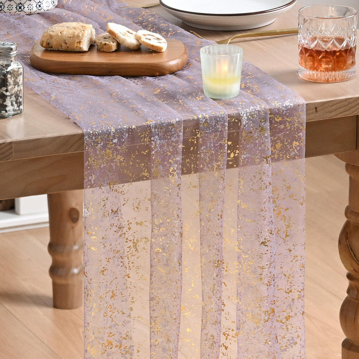 Artoid Mode 6Pcs Beige Gold Gauze Table Runner 120 Inch 10FT, Glitter Metallic Foil Sheer Dining Wedding Anniversary Holiday Birthday Table Decor for Home Party