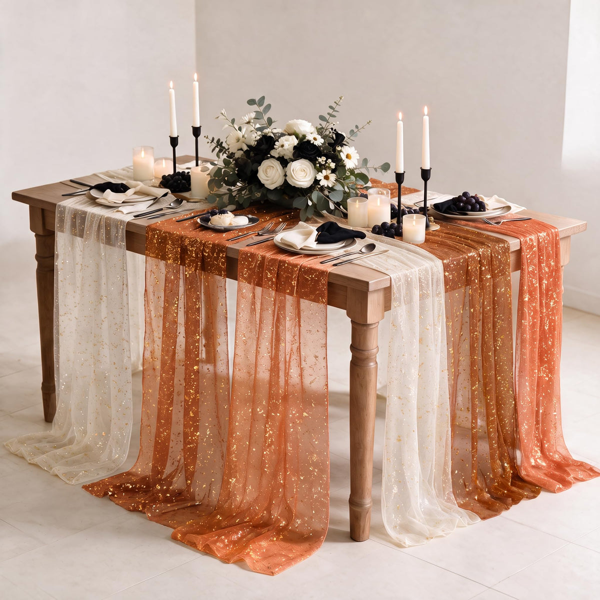 Artoid Mode 6Pcs Beige Gold Gauze Table Runner 120 Inch 10FT, Glitter Metallic Foil Sheer Dining Wedding Anniversary Holiday Birthday Table Decor for Home Party