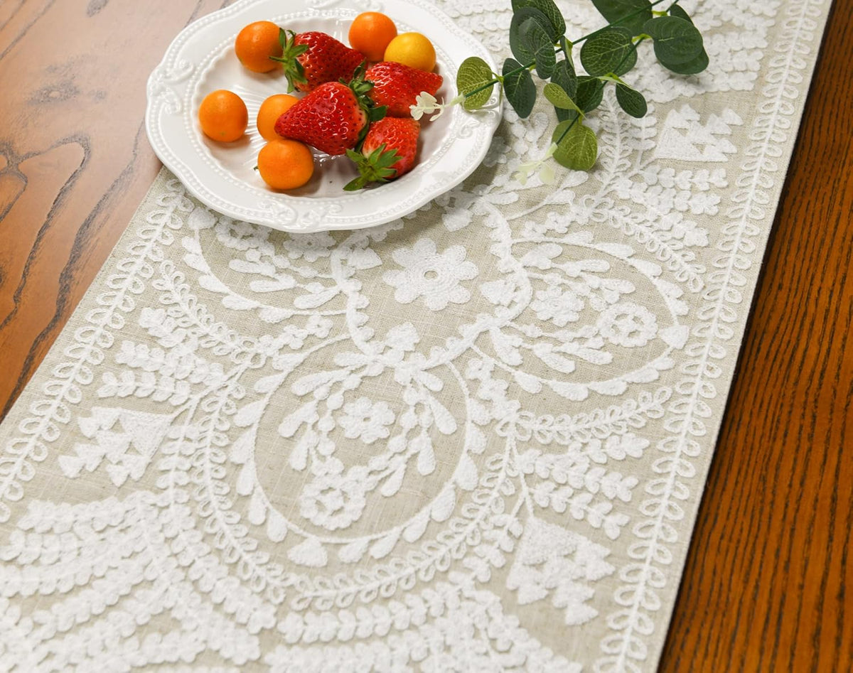 KEVA Boho Table Runner 72inches Long, Farmhouse Linen Table Runner, Rustic Vintage Natural Embroidered Table Runners 13x72 Inch for Dining Table Decorations