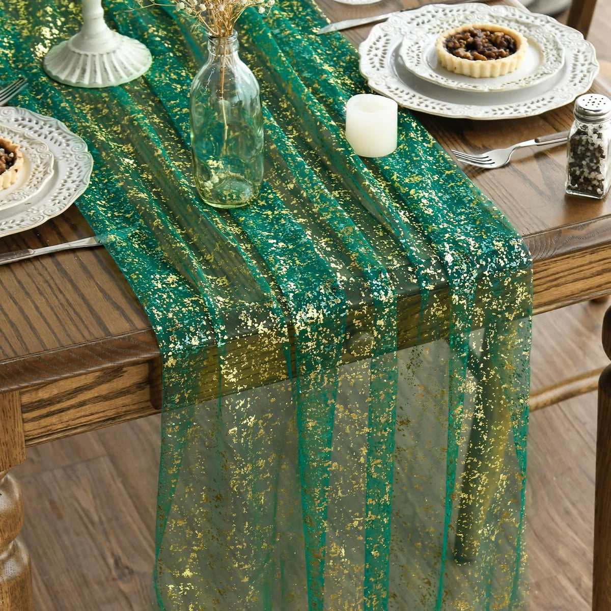 Artoid Mode 6Pcs Beige Gold Gauze Table Runner 120 Inch 10FT, Glitter Metallic Foil Sheer Dining Wedding Anniversary Holiday Birthday Table Decor for Home Party