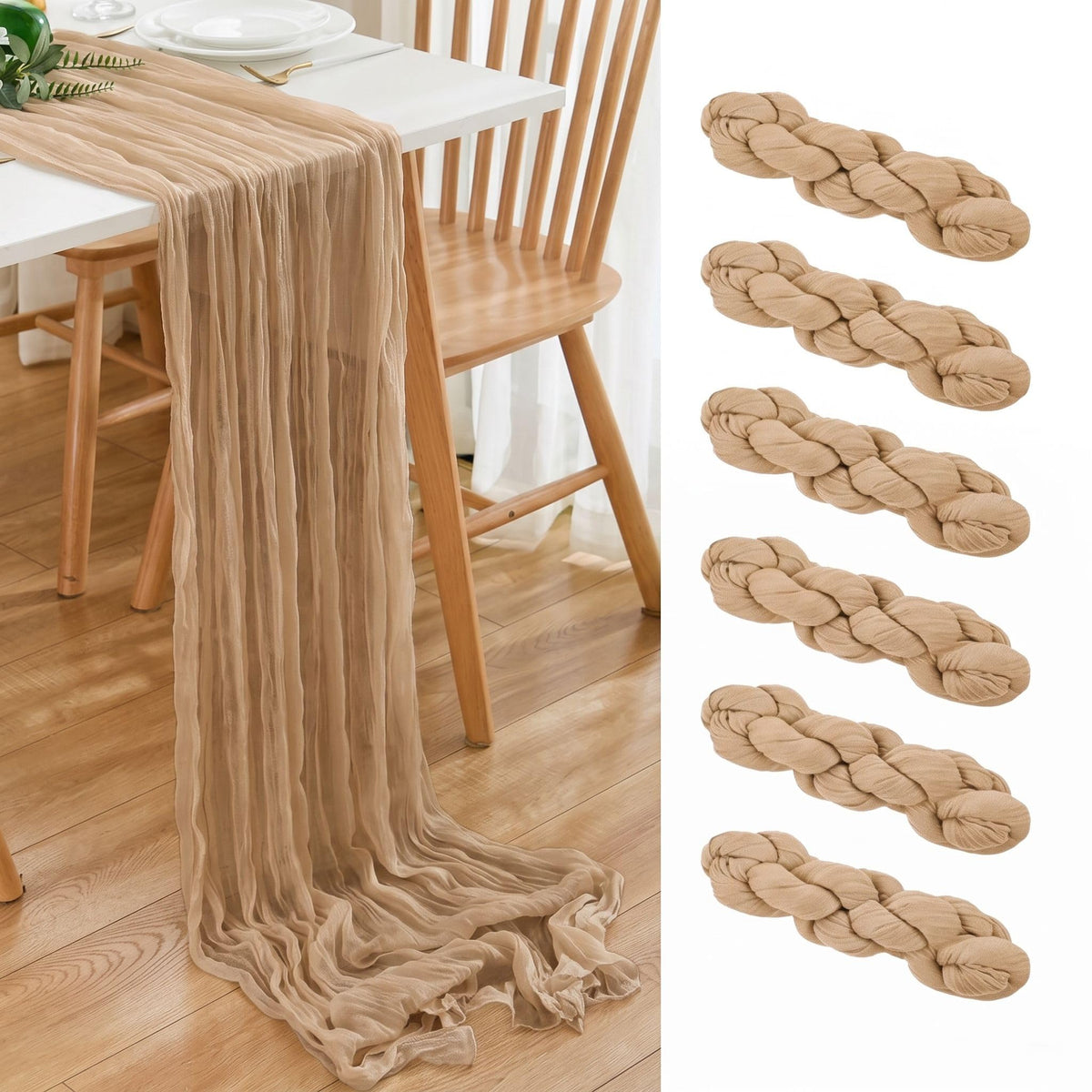 6 Pack Brown 10 Ft Cheesecloth Table Runner 20x120 Inch Boho Wrinkled Sheer Romantic Gauze Decor for Wedding, Bridal Shower, Birthday Party