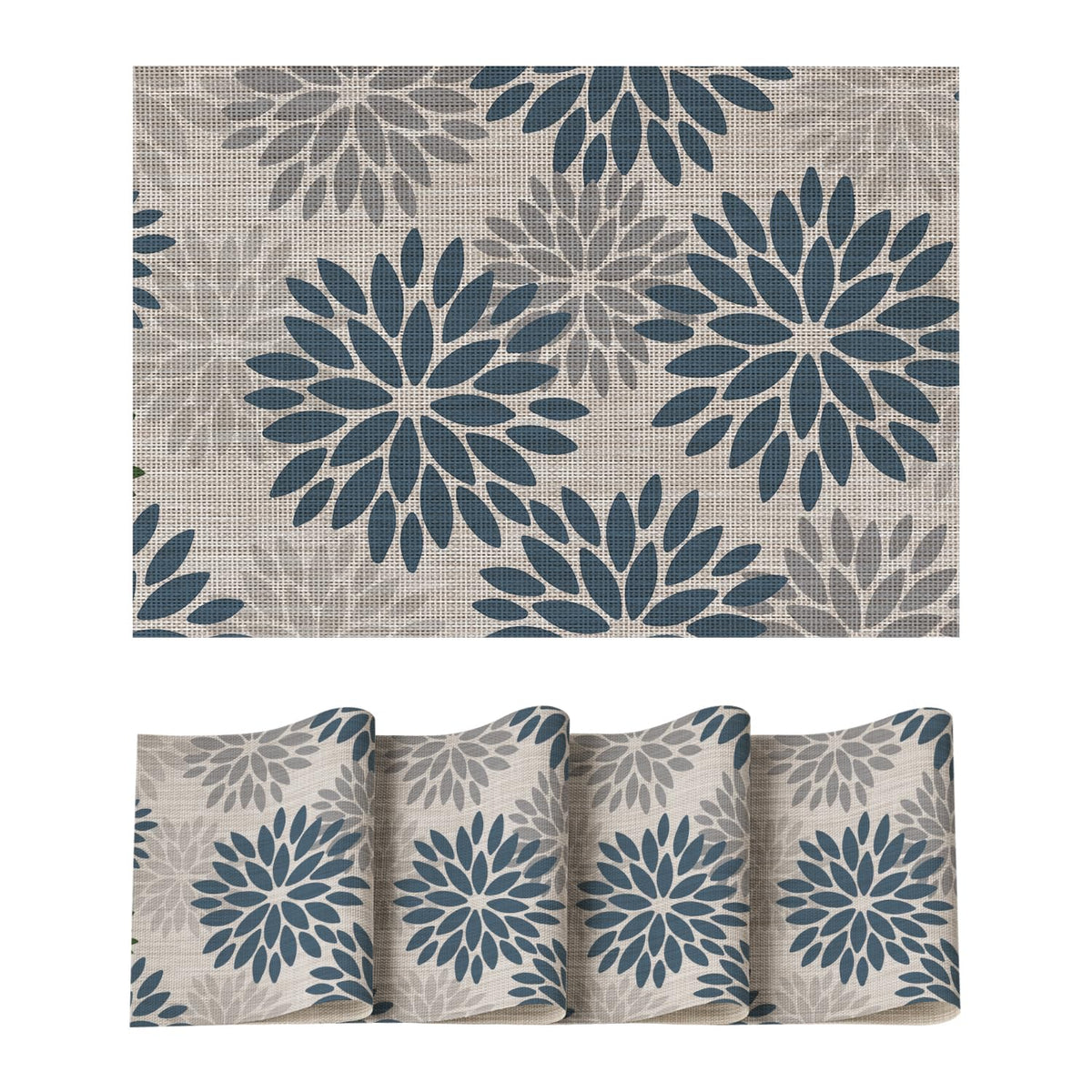 Artoid Mode Floral Vinyl Plistic Placemats Set of 6, Heat Resistant Washable Non-Slip PVC Place Mats for Party Kitchen Dining Decor, Blue Grey