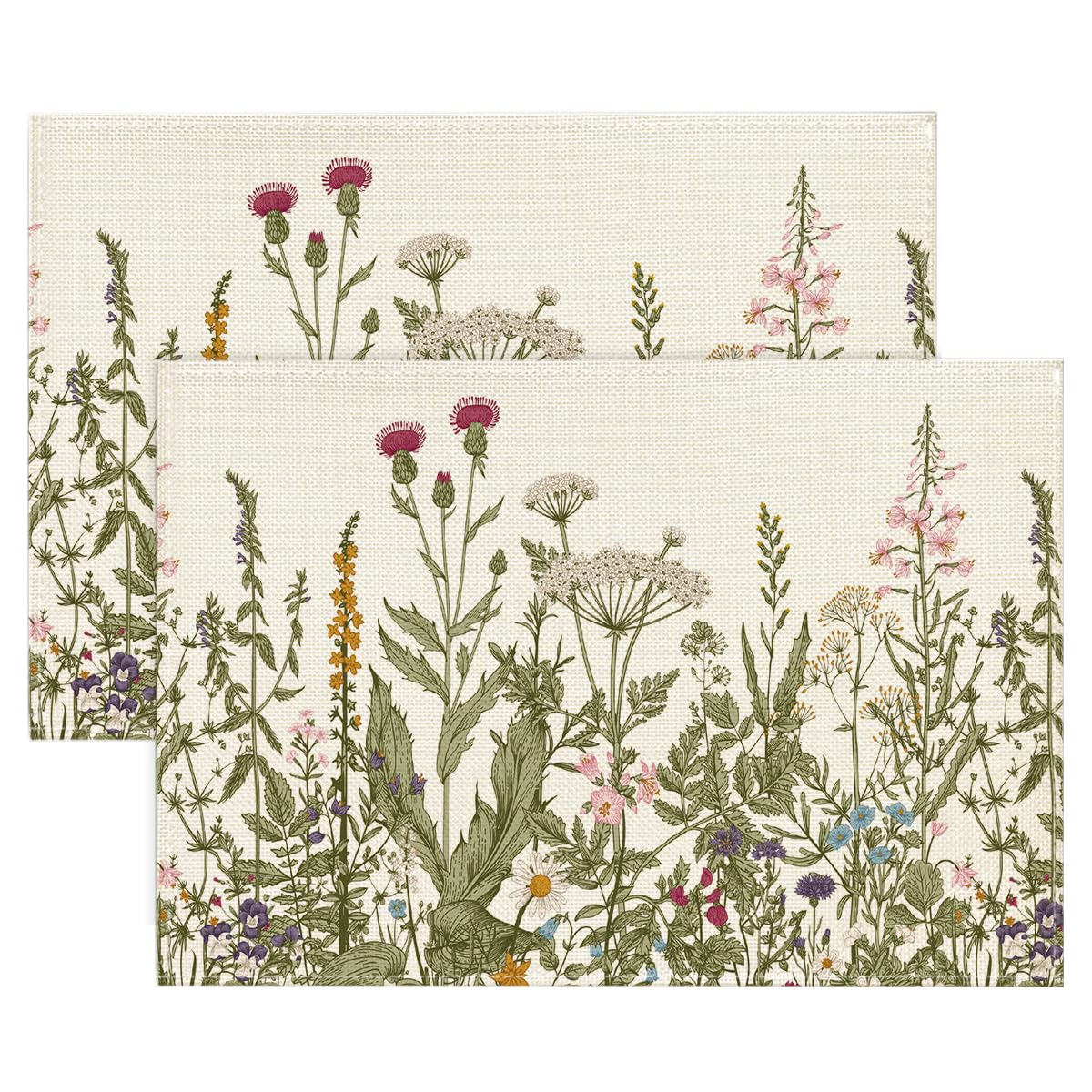 Artoid Mode Antique Herbs and Wild Flowers Summer Placemats Set of 4, 12x18 Inch Seasonal Wildflower Spring Table Mats for Party Kitchen Dining Decoration
