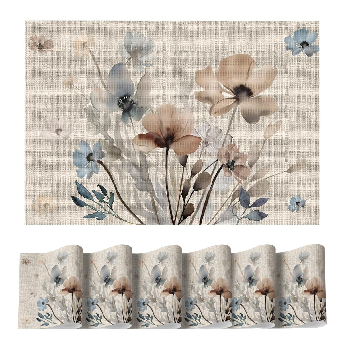 Artoid Mode Brown Poppy Floral Vinyl Plastic Placemats Set of 4, Washable Non-Slip PVC Table Mats for Party Kitchen Dining Decor, 12x18 Inch
