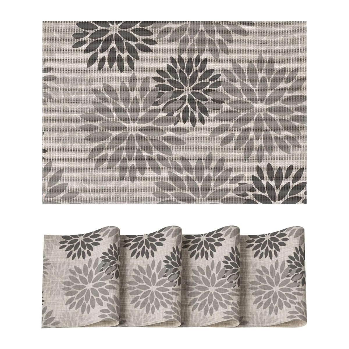 Artoid Mode Floral Vinyl Plistic Placemats Set of 6, Heat Resistant Washable Non-Slip PVC Place Mats for Party Kitchen Dining Decor, Blue Grey
