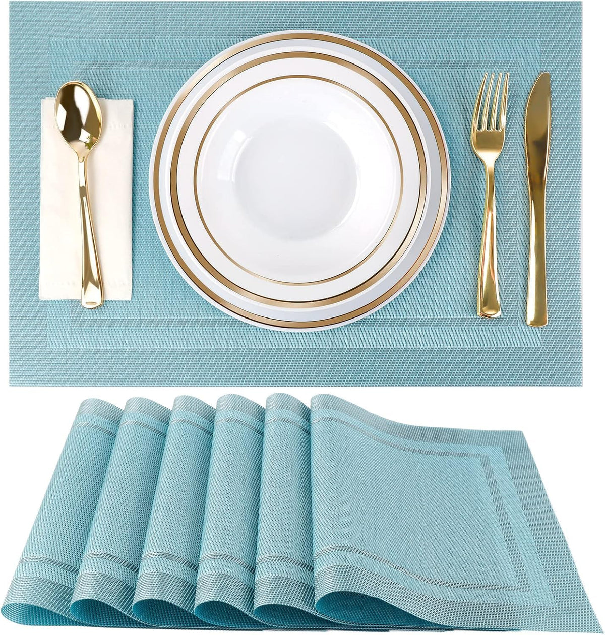 Placemats, Placemats Set of 6, Table Place Mats for Kitchen Dining, Heat-Resistant Anti-Skid Stain Washable PVC Table Mats, Easy to Cleaning Woven Vinyl Dinner Mats (Gold)