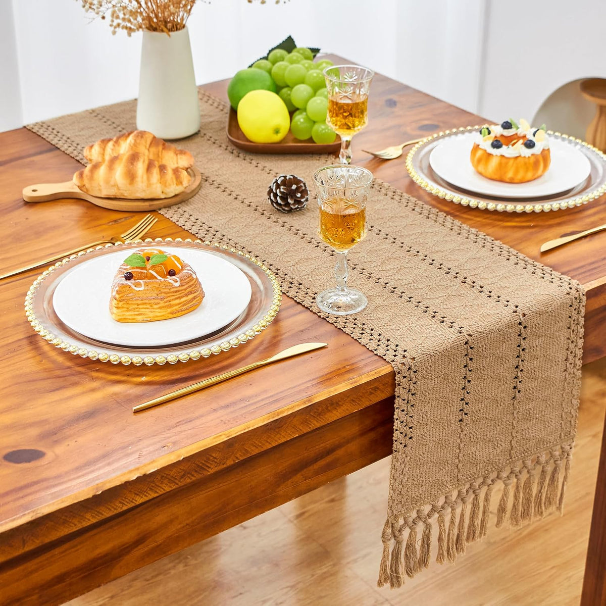 FEXIA Boho Table Runner Fall Burlap Brown Coffee Table Decor 12x72 Inch