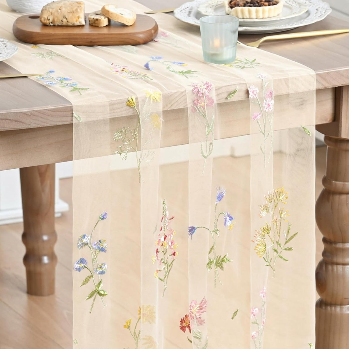 Artoid Mode Floral Apricot Gauze Embroidery Table Runner 120 Inch 10FT