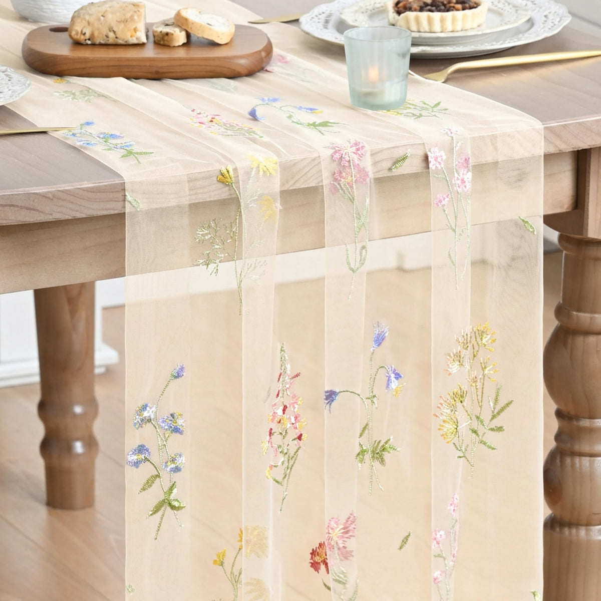 Artoid Mode Floral Apricot Gauze Embroidery Table Runner 120 Inch 10FT