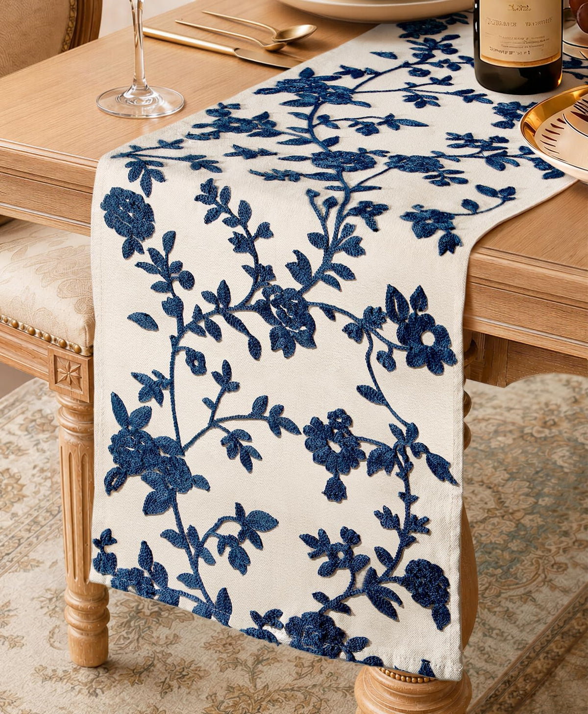 Miss Adola Embroidered Canvas Table Runner 13"x72", Wild Flower