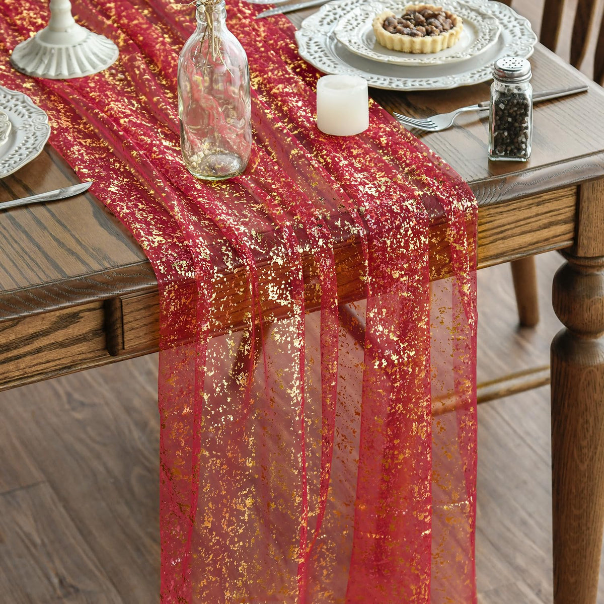 Artoid Mode 6Pcs Beige Gold Gauze Table Runner 120 Inch 10FT, Glitter Metallic Foil Sheer Dining Wedding Anniversary Holiday Birthday Table Decor for Home Party