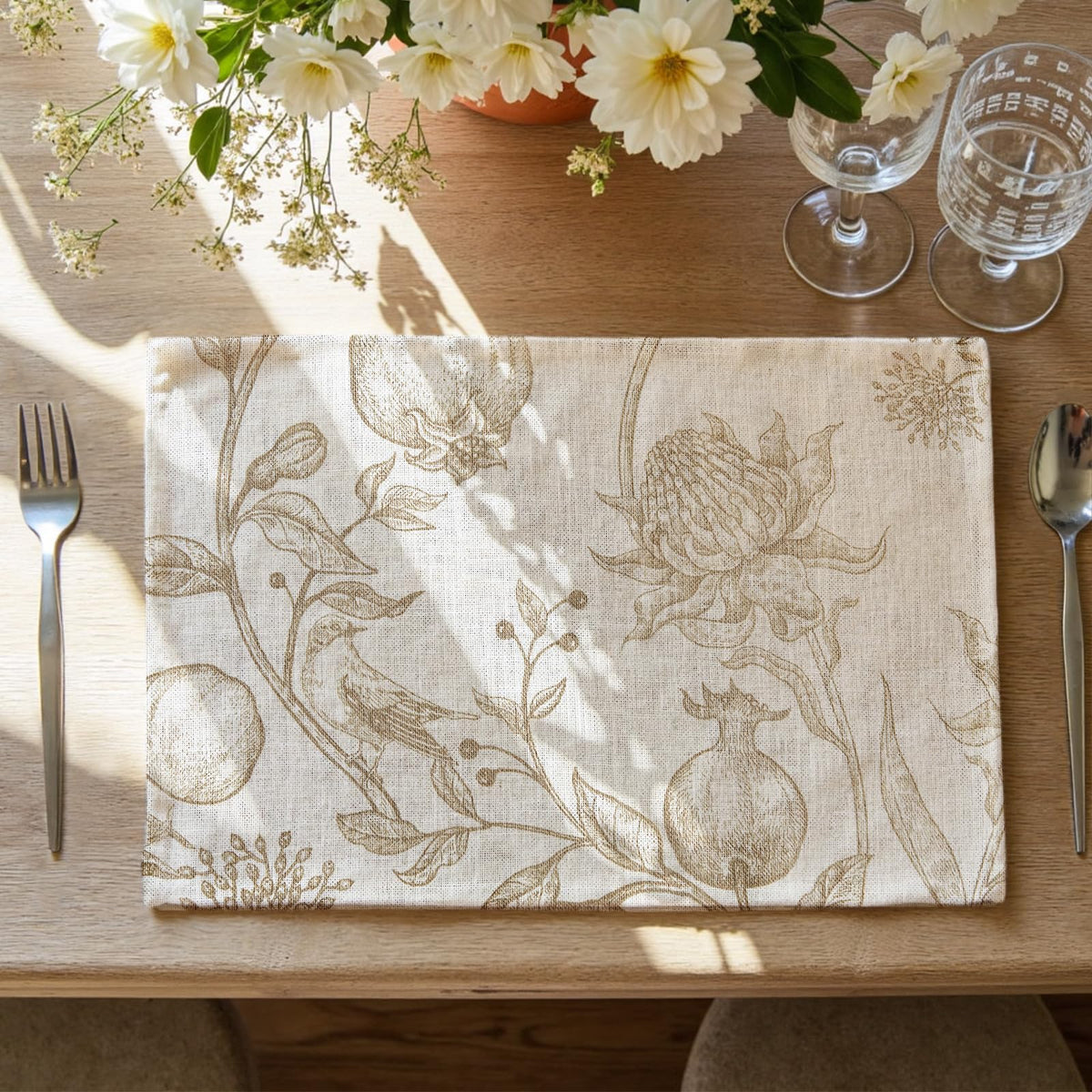 JINCHAN Linen Floral Placemats Set of 4 Farmhouse 13x19 Inch Black