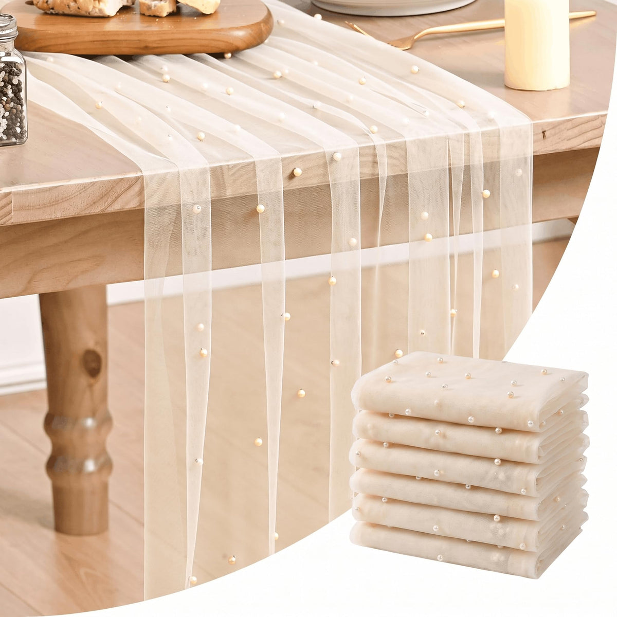 Artoid Mode 6-Pack Pearl Beige Gauze Table Runner 10FT Home Decor