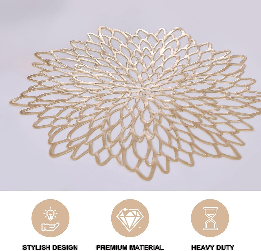 Snowkingdom 6 Pack Gold Placemats Metallic Pressed Vinyl Round Leaf Plastic Dinning Table Place Mats Fancy Decorative for Wedding Christmas Thanksgiving Holiday Spring Outdoor