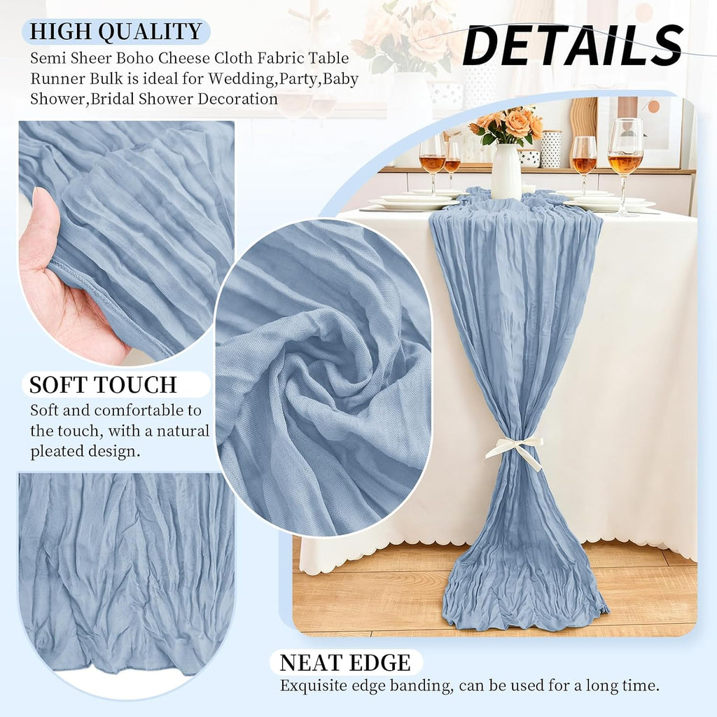 10 Pack Dusty Blue Cheesecloth Table Runner, 17x108 Inch Semi Sheer Boho Gauze Cheese Cloth Fabric Table Runners for Wedding Party Baby Shower Birthday Garden Farmhouse Table Decor