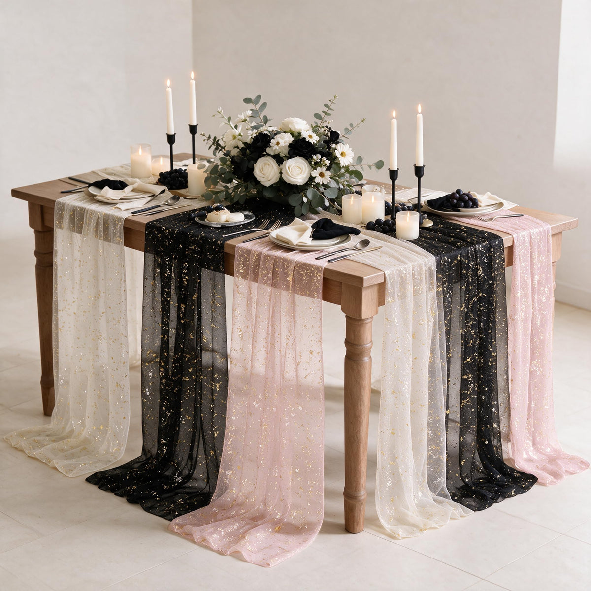 Artoid Mode 6Pcs Beige Gold Gauze Table Runner 120 Inch 10FT, Glitter Metallic Foil Sheer Dining Wedding Anniversary Holiday Birthday Table Decor for Home Party