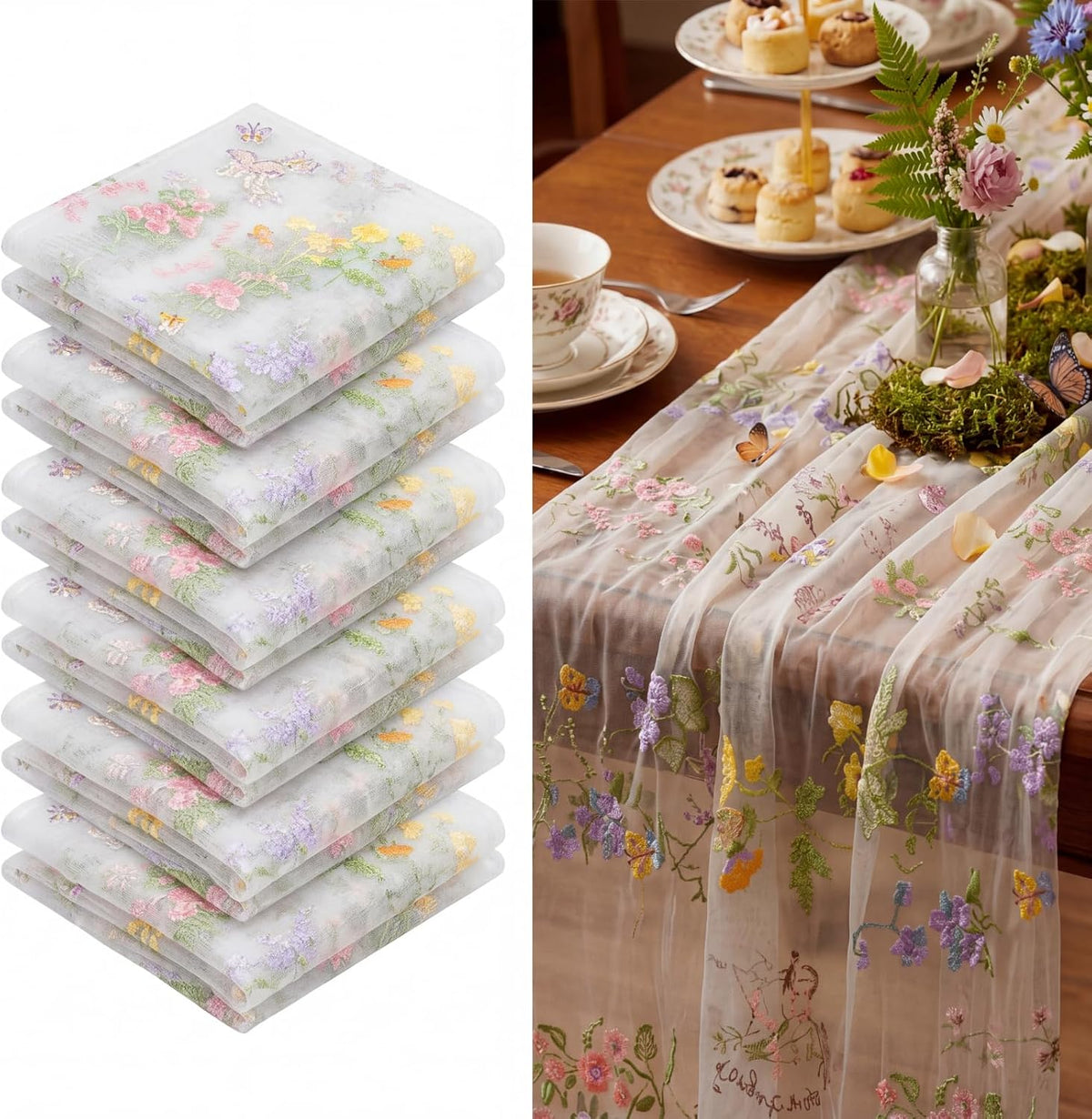 Ivory White Floral Table Runner 10ft Embroidery Tulle Wildflower