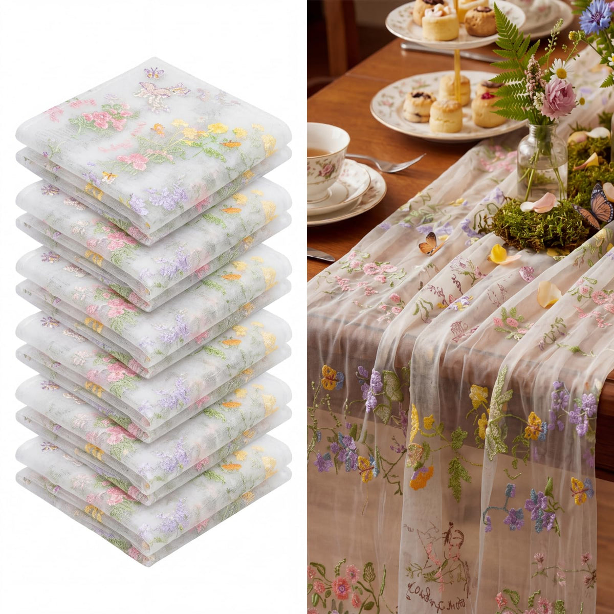 Ivory White Floral Table Runner 10ft Embroidery Tulle Wildflower