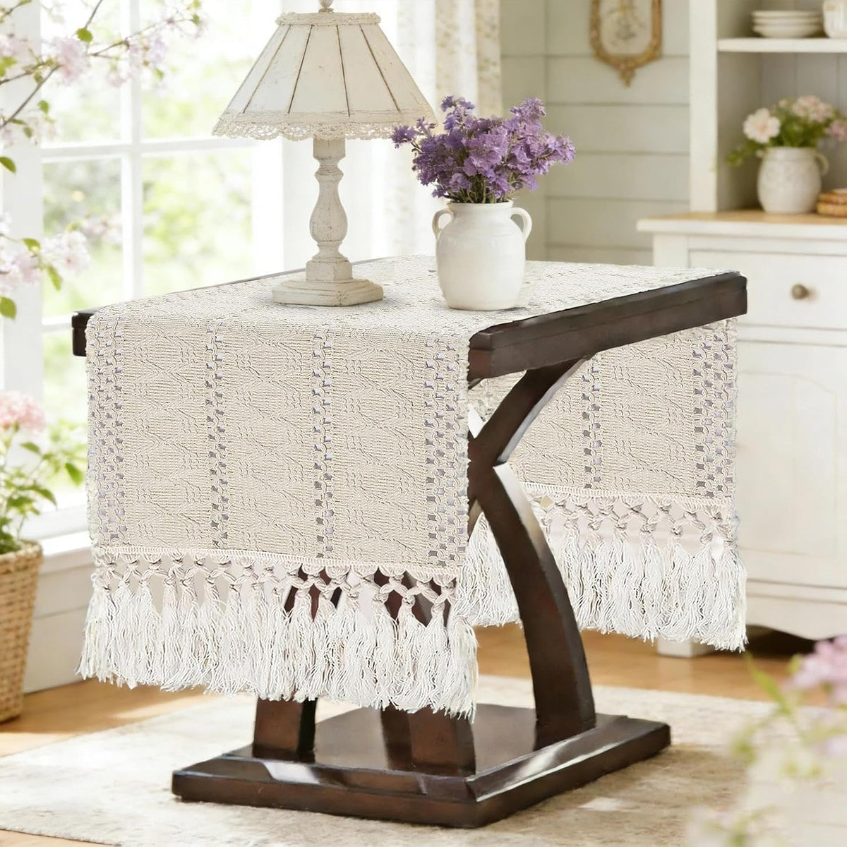 yuboo 36" Boho Macrame Table Runner, Short Cream Coffee Runner, Nightstand