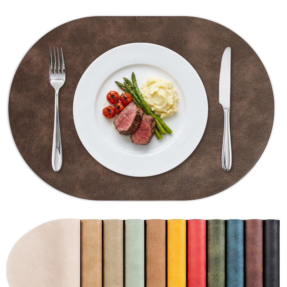 MOSAYT Vinyl Faux Leather Oval Placemats, Set of 6, Reddish Brown