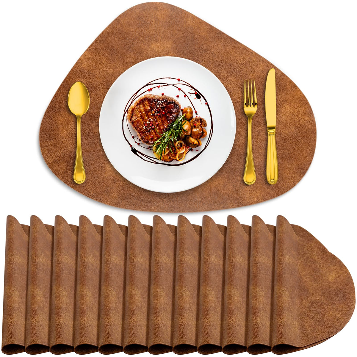 ADRIMER Placemats, Heat Resistant Round Placemats Set of 4 Washable 13 x 17 Inch, Waterproof Table Mats for Kitchen, Dining Room Table Christmas Decor, Turmeric Brown+Camel+Green+Blue